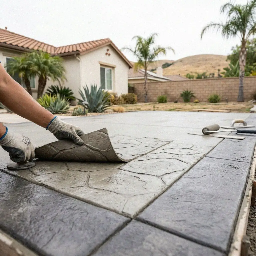 Hands lifting a stamp mat off a colored patio slab in Huntington Beach