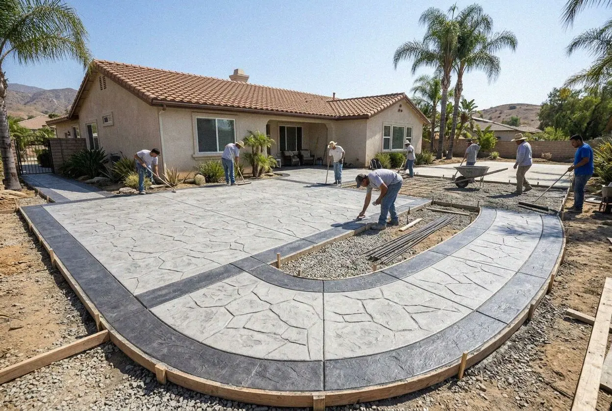 Crew pressing a slate pattern into a fresh patio slab in Huntington Beach